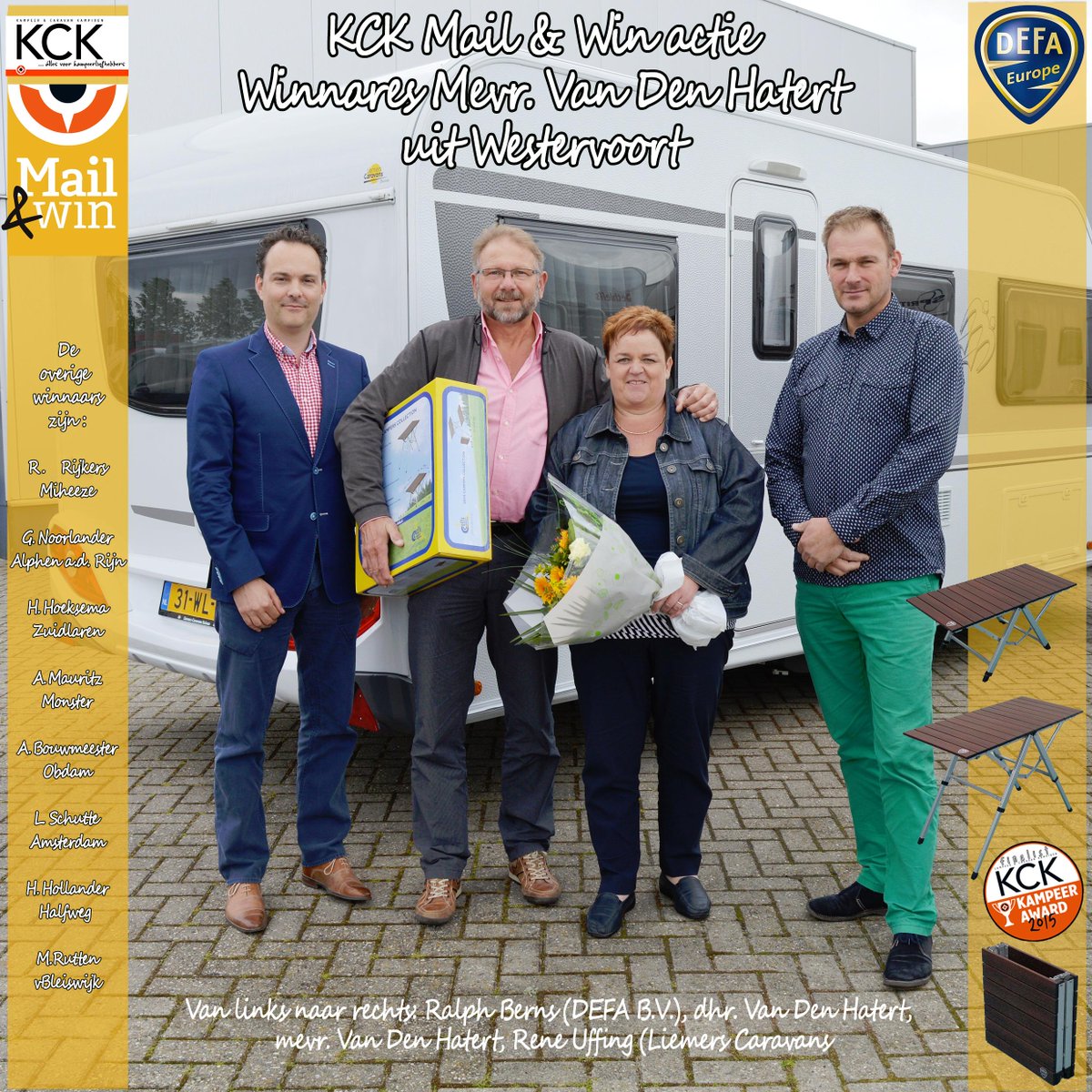 Vorige week de @KCK_anwb #Mail&amp;Win actie prijs uitgereikt. Winnares was heel blij. M.m.v #Liemers #Caravans #Duiven.