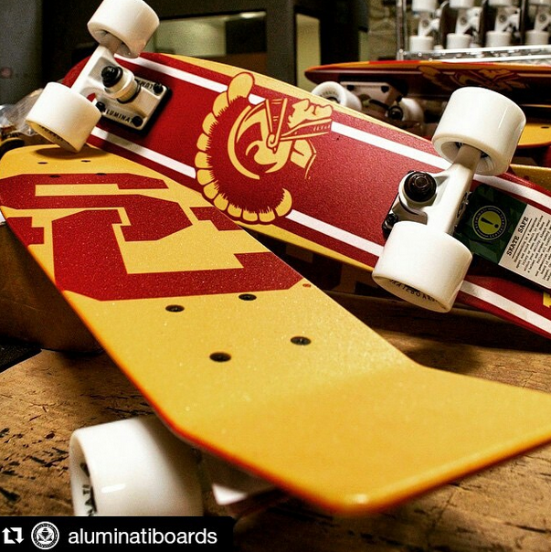 Stop by the <a href="/USCBookstore/">USC Bookstore</a> and grab one of the 3 custom boards that we designed in collaboration w/ <a href="/AluminatiBoards/">AluminatiSkateboards</a>!