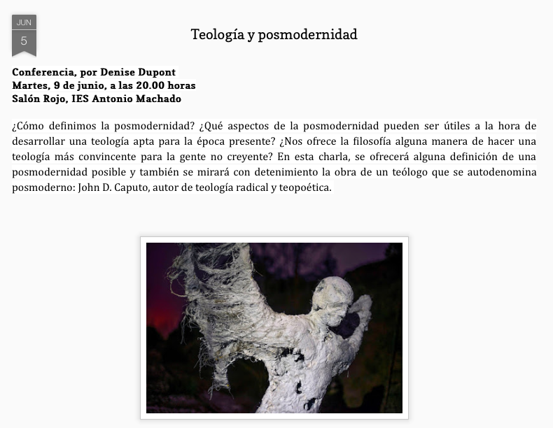 iesmachado's tweet photo. 'Teología y Postmodernidad' por Denise Dupont (Univ. Dallas, USA). Mañana 20:00 #SalónRojo @FilosofiaSoria http://t.co/VoD0PwHrWn