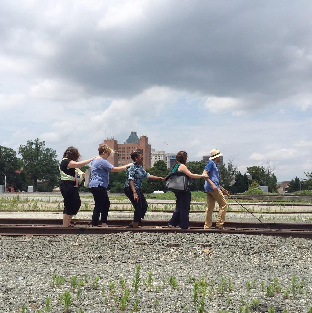 elsewheremuseum's tweet image. #SouthElmProjects Carmen Papalia walks with @ActionGSO on an eyes-closed tour around Downtown! #Trainyard #SoGSO