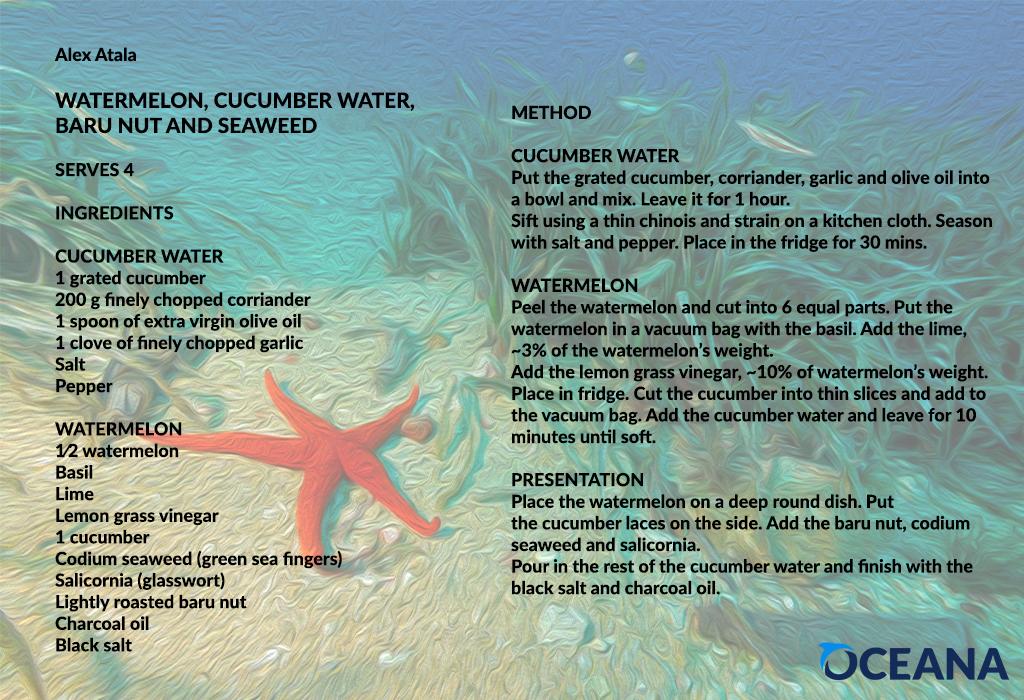 OceanaEurope's tweet image. The first #oceanrecipes is from @alexatala. A refreshing and delicate watermelon and seaweed dish. #WorldOceansDay