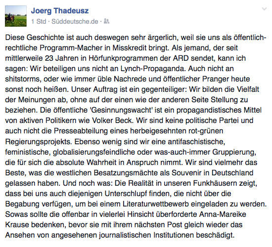 jep_'s tweet photo. Ein bemerkenswerter Facebook-Post von @JTHADEUSZ #Rönne #ARD http://t.co/EYFAUucllh