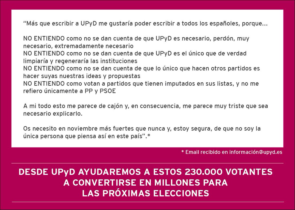 UPYD's tweet photo. ¿Eres de los más de 230000 votantes de @UPyD en las pasadas elecciones? ¿Quieres que lleguemos a millones? Únete http://t.co/tg25xuyZkJ