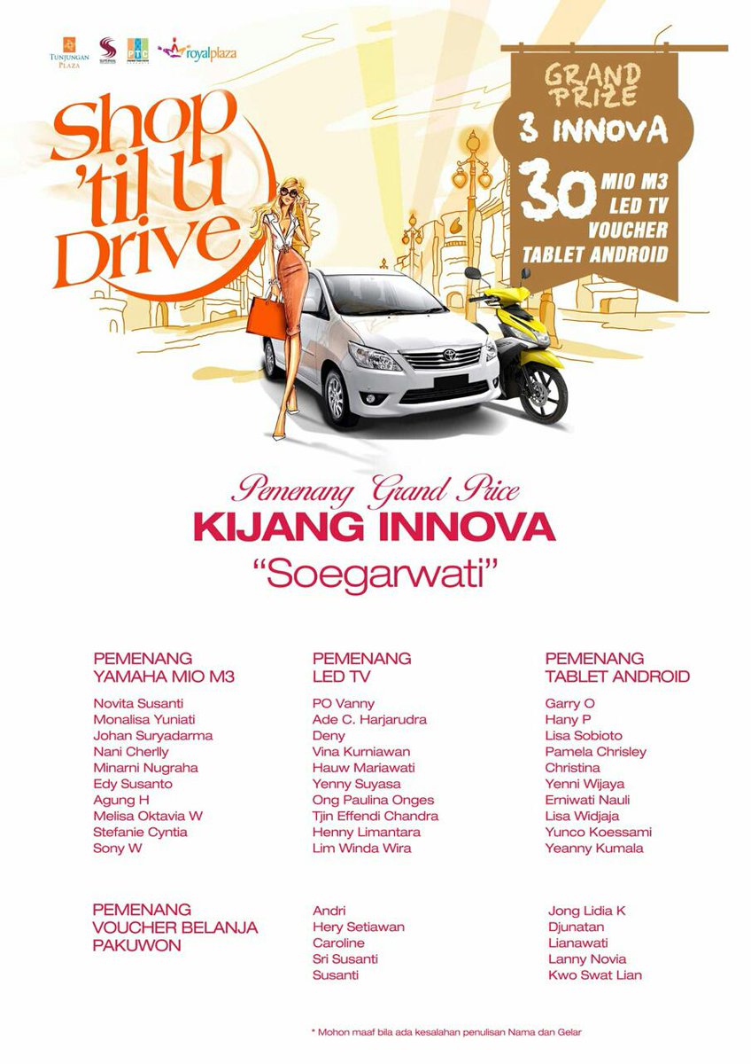Congratulation for the Winner of
SHOP 'TILL YOU DRIVE
8.1
31 May 2015

Be the next person to win
10 Shopping Voucher…
