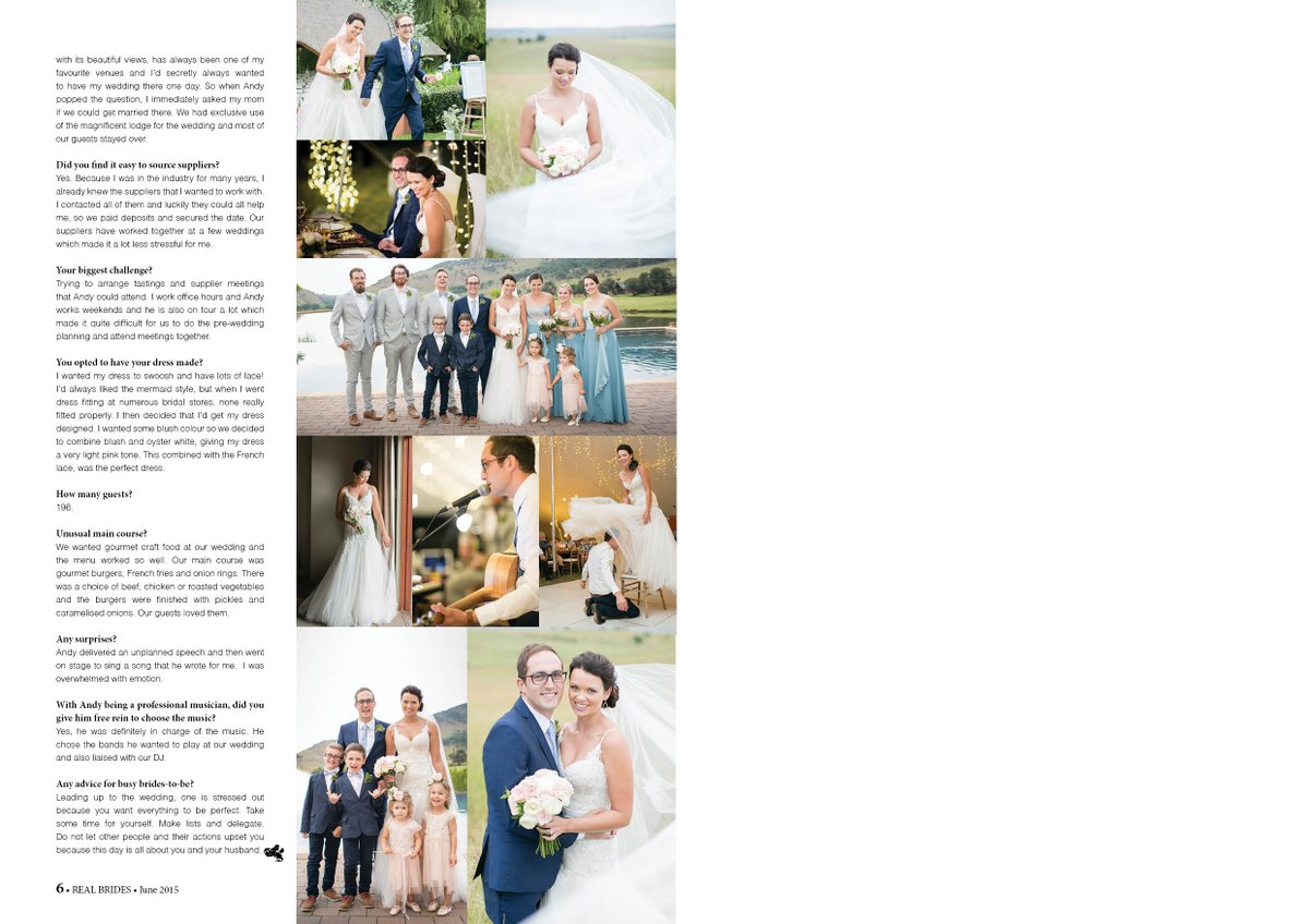 GuvonHotels's tweet image. @RealBrides - an amazing article on Belinda &amp;amp; Andy Maritz tying the knot at #KloofzichtLodge - on shelves this month.