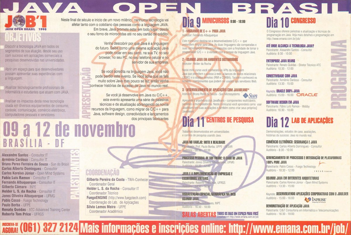 argonavis_br's tweet image. Primeiro evento Java no Brasil para desenvolvedores. ParlaMundi, 9-12/11/1998, Brasília #Java20Years