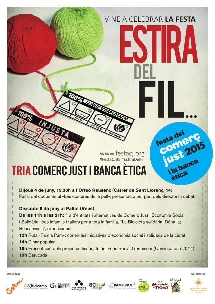 ReusTodayCAT's tweet photo. El @setemcat amb @GerminemBCamp organitza els dies 4 i 6 a #Reus l'#EstiraDelFil, la Festa del Comerç Just 2015! http://t.co/nU1Y4TOCc6