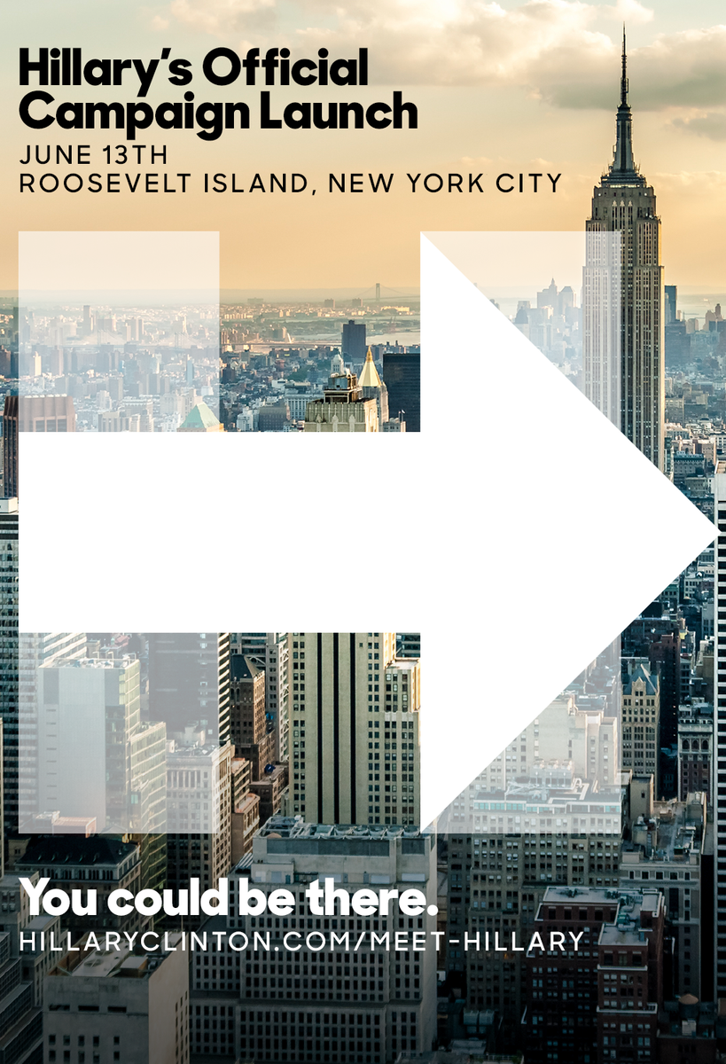 HillaryClinton's tweet image. Breaking: Start spreading the news—#Hillary2016 kicks off here.

And you could be there → hrc.io/1KyhRns