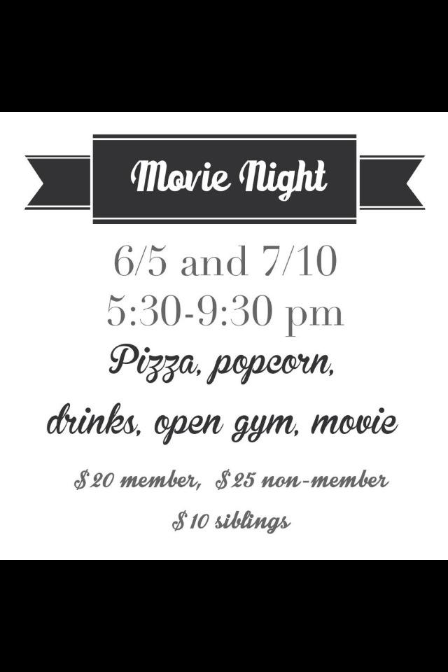 This Friday is movie night at Gymnastics Lane. All kids invited, members and nonmembers! Sign up on the webpage!