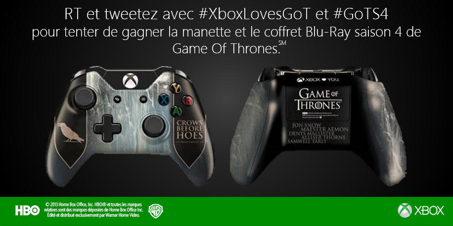 XboxFR's tweet photo. RT,tweetez #XboxLovesGoT #GoTS4 et tentez de gagner une manette collector + coffret blu-ray S4 de #GoT @warnerbrosFR http://t.co/BN5bWlP2Tj
