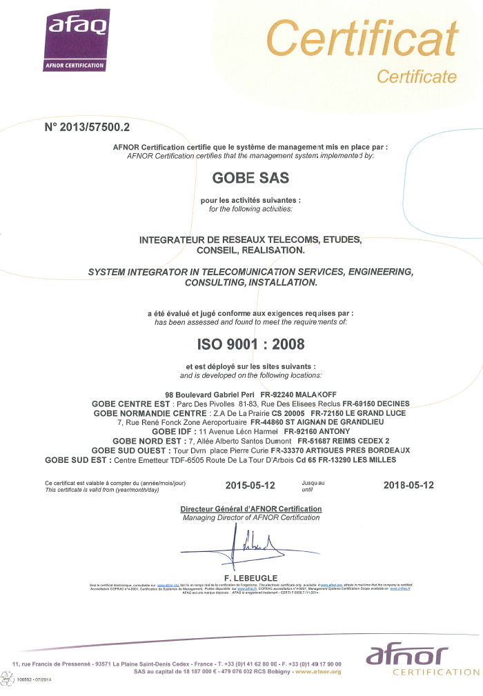 GOBE_SAS's tweet photo. @AFNOR renouvelle notre certification #qualité #ISO9001 http://t.co/4jDrXflXwb