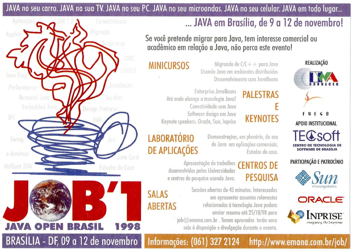 argonavis_br's tweet image. Primeiro evento Java do Brasil voltado para desenvolvedores. JOB. Brasília, 1998. #Java20Years