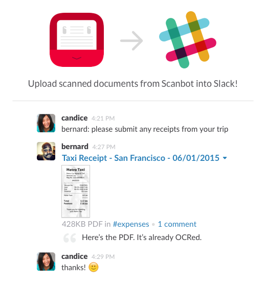 New integration! Use @scanbot to upload scanned documents (with OCR) into Slack my.slack.com/services/new/s… #changelog