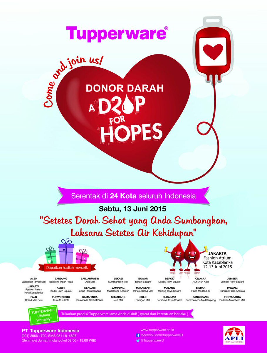 Ikuti acara donor darah A Drop For Hopes tgl 13 Juni 2015 bersama <a href="/tupperwareID/">Tupperware Indonesia</a> serentak di 24 kota seluruh Indonesia