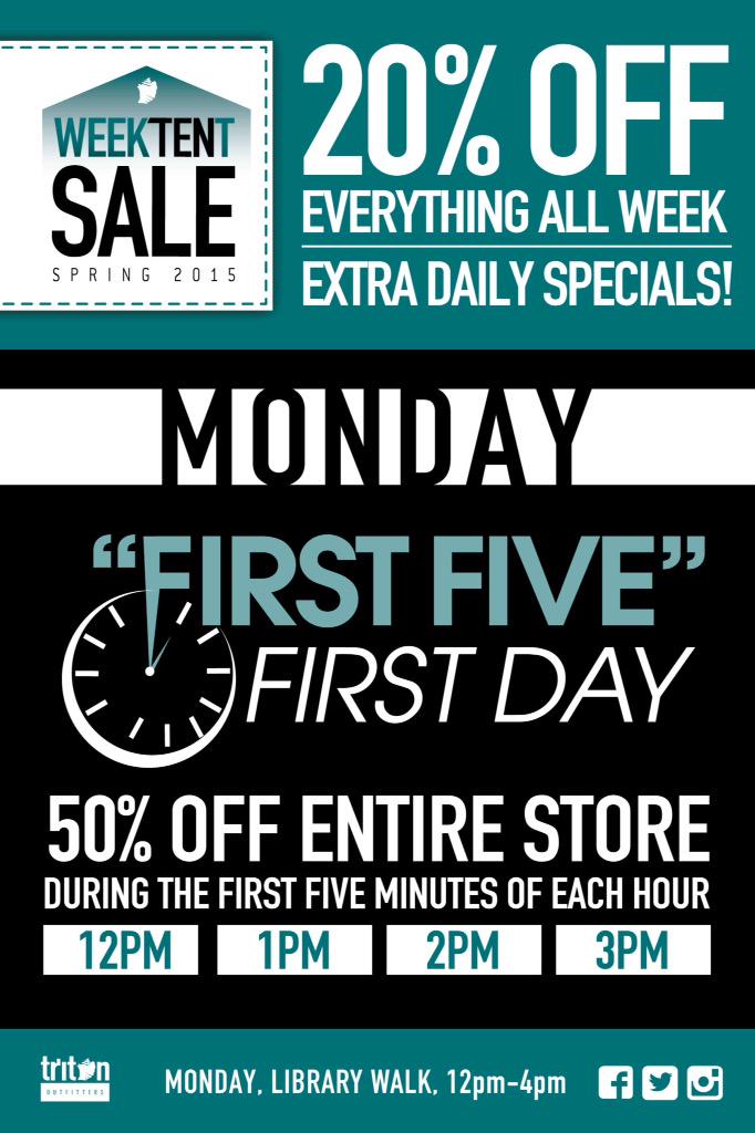 TritonOutfitter's tweet photo. MON Week TENt Sale: 50% off store during the 1st 5 minutes of each hr. Next sale at 1pm on Library Walk! http://t.co/11VICLCfOK