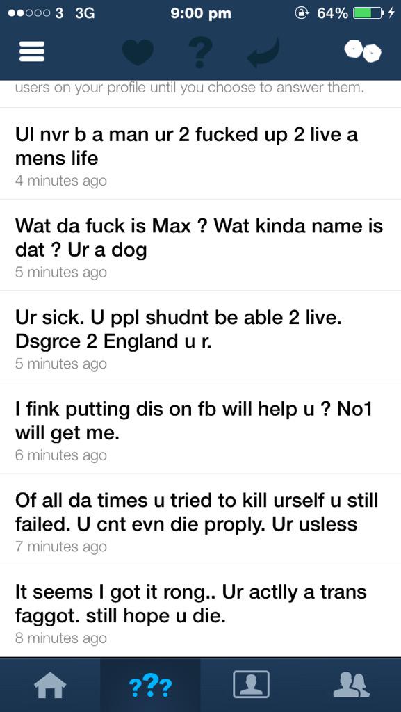 maxx_tennz's tweet image. @ask_fm You need to change your site so there is no anonymity. Fed up with this.- Last night and just now. #HasToStop