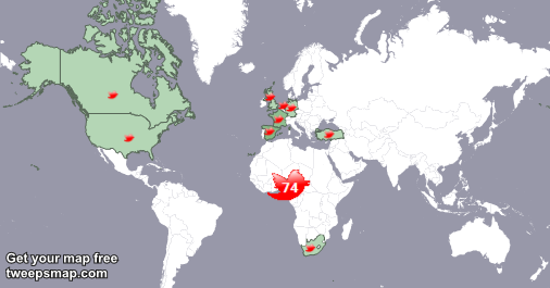 eco_tuketuke's tweet photo. My followers live in 11 countries: Nigeria(74%), Spain(6%)... http://t.co/e6fOIPQFAq
Get your free map! http://t.co/LTdR9PugsX