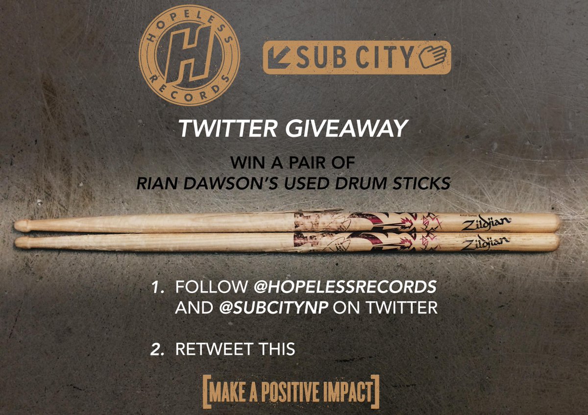 Follow us and <a href="/subcitynp/">Sub City</a> and RT for a chance to win a pair of <a href="/riandawson/">Rian Dawson</a>'s used drumsticks! Winner picked Wednesday!