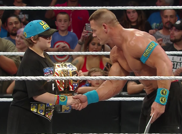 After #RAWSanAntonio, <a href="/JohnCena/">John Cena</a> paid tribute to a cancer-fighting #Cenation member at ringside. #RAW