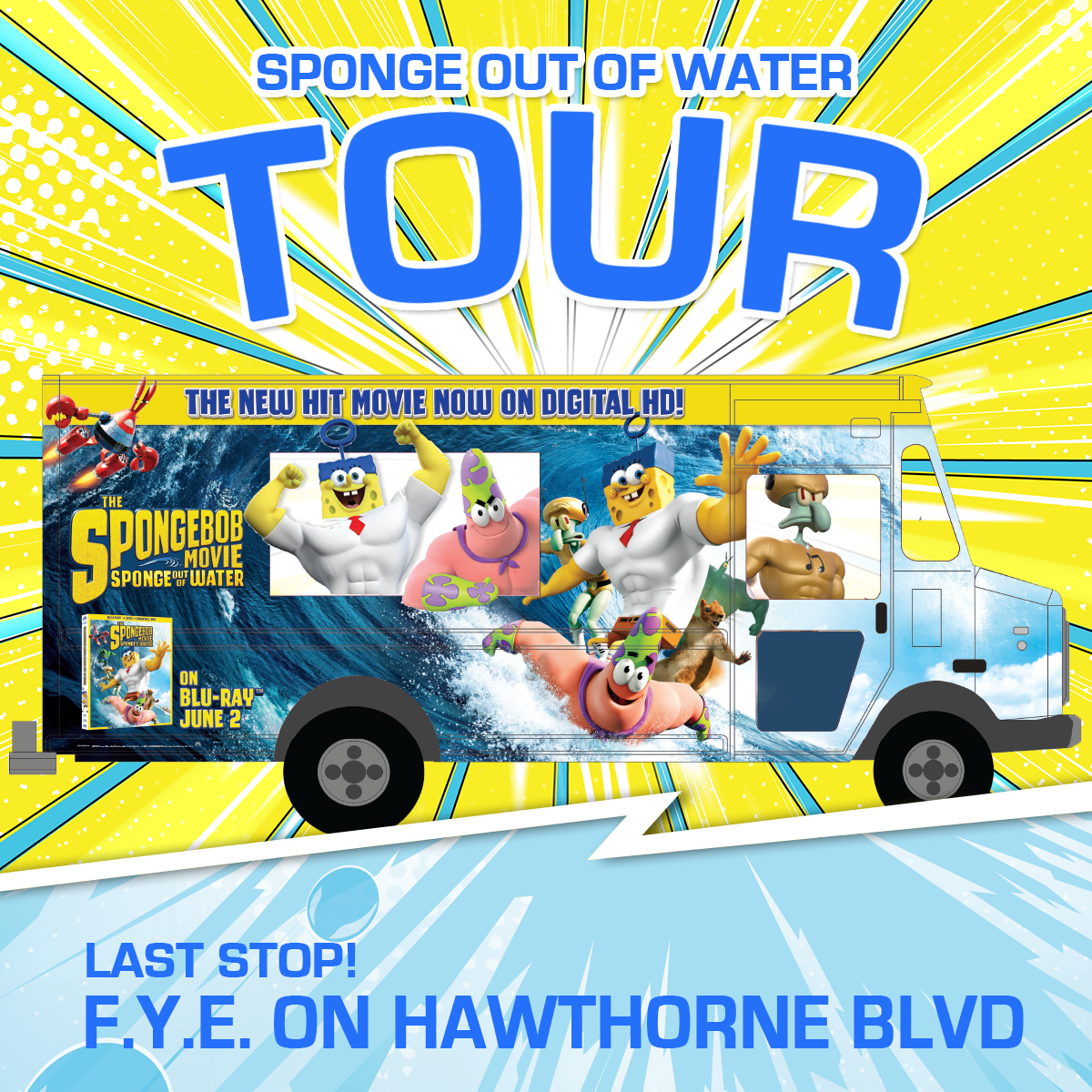SpongeBobTour's tweet photo. Before SpongeBob heads back home, he's stopping by f.y.e. Come join us for some totes and treats! http://t.co/9v9jh516kS