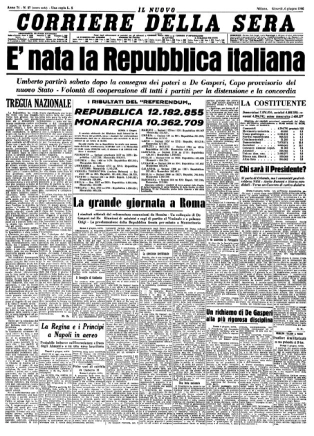 lucfontana's tweet photo. 2 giugno 1946 #FestadellaRepubblica: la prima pagina storica del @corriereit http://t.co/57mWGeRcCs