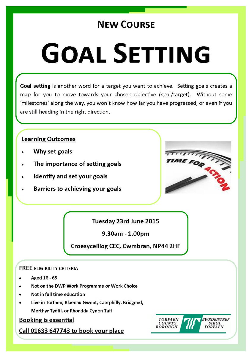 Bridgesintowork's tweet photo. Goal Setting - Tues 23rd June - 9.30am to 1pm - call 01633 647743 to book your place now. http://t.co/pZVAQoD1aL