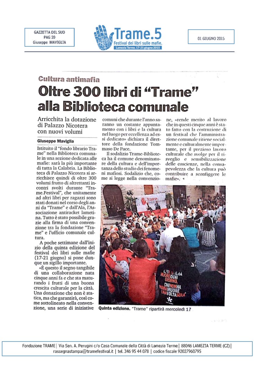MPiaTucci's tweet photo. @GazzettaDelSud @tramefestival Istituito il fondo librario “TRAME” presso La Biblioteca di Lamezia Terme @Ale_Renda_ http://t.co/zg9gN3GN24