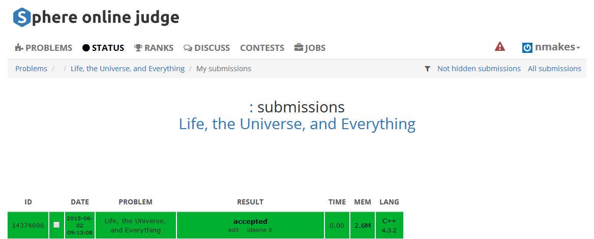 ServerProcessor's tweet image. My #FirstEver submission in #SPOJ. Way to go...