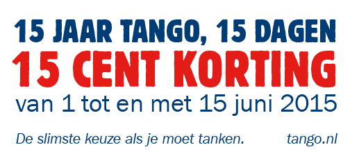15 jaar Tango, 15 dagen lang, 15 cent korting. Tank slimmer en profiteer mee van 1 tot en met 15 juni 2015! Tango.nl