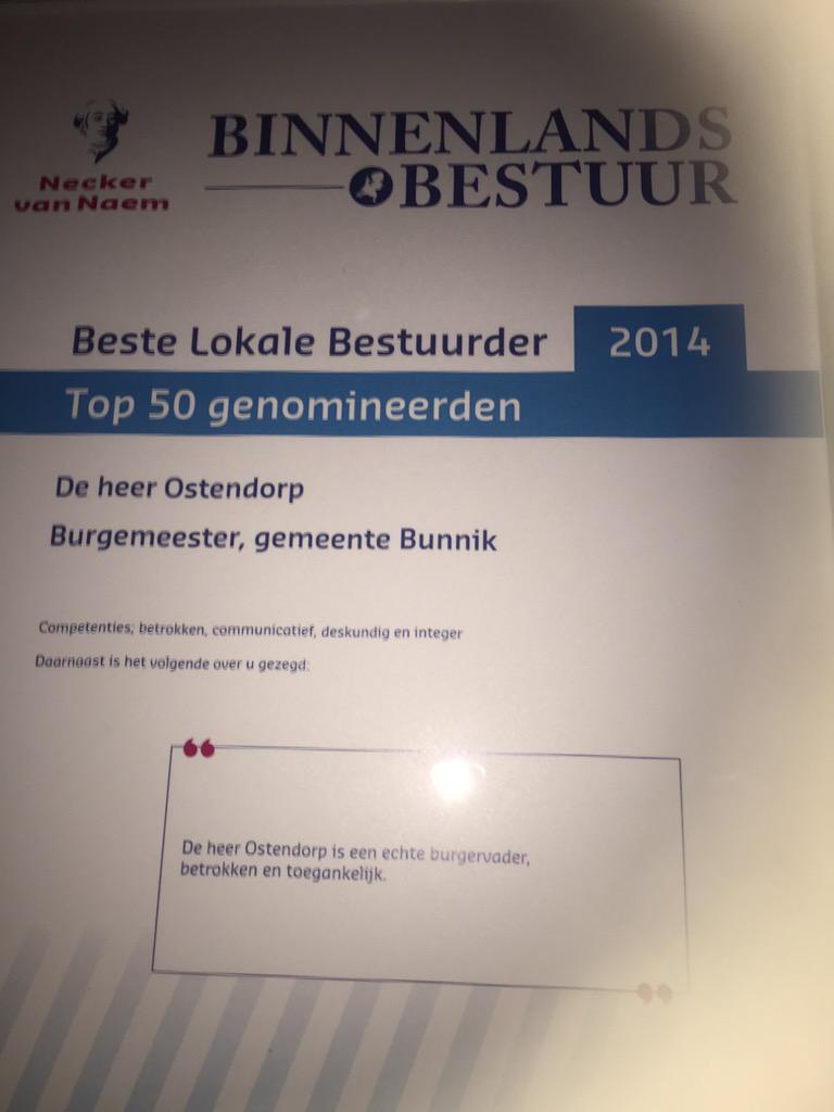Onze burgemeester <a href="/hmostendorp/">H.M. Ostendorp</a> scoort hoog op de ranglijst van <a href="/BBnieuws/">Binnenlands Bestuur</a> als een van de beste bestuurders. #trots