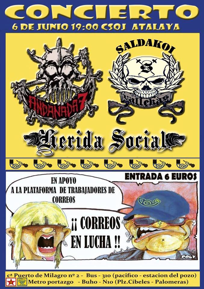 POTENCIALHC's tweet photo. El sábado concierto en apoyo a Plataforma de Trabajadores de Correos en el @CSOJ_Atalaya con Andanada 7, @SALDAKOI... http://t.co/iSTDqSPqvN