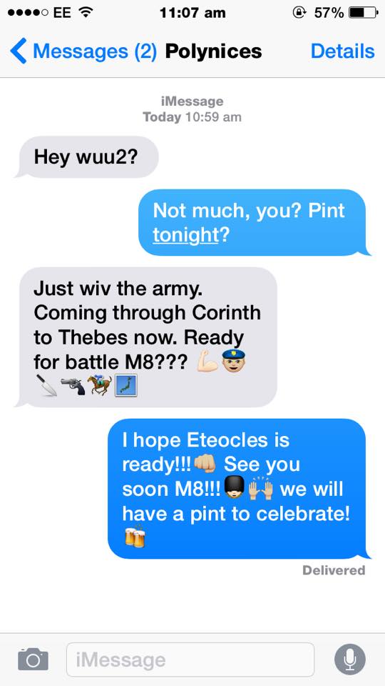 jonastheguard's tweet photo. Just got a text from my main man...#EteoclesvsPolynices http://t.co/zTXrgvRzFp