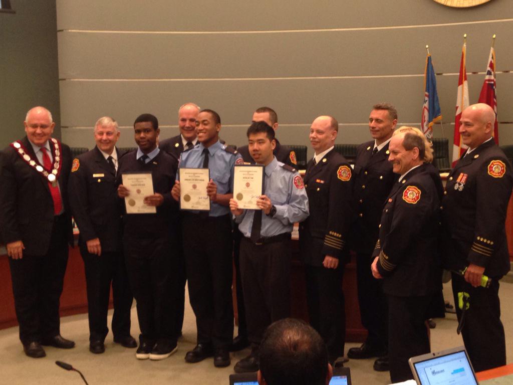 Congrats to Tarik, Douglas, and Jordan for graduating as Markham Fire Cadets today at city hall! #sbapride <a href="/ycdsb/">York Catholic District School Board</a>