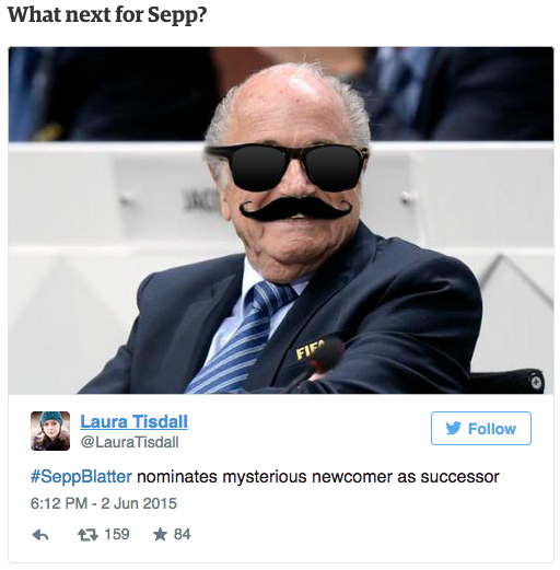 guardian_sport's tweet photo. Sepp Blatter resigns: the internet reacts. By @timmyhilleh http://t.co/ex1CKRgJQX http://t.co/4pavLCFVMs