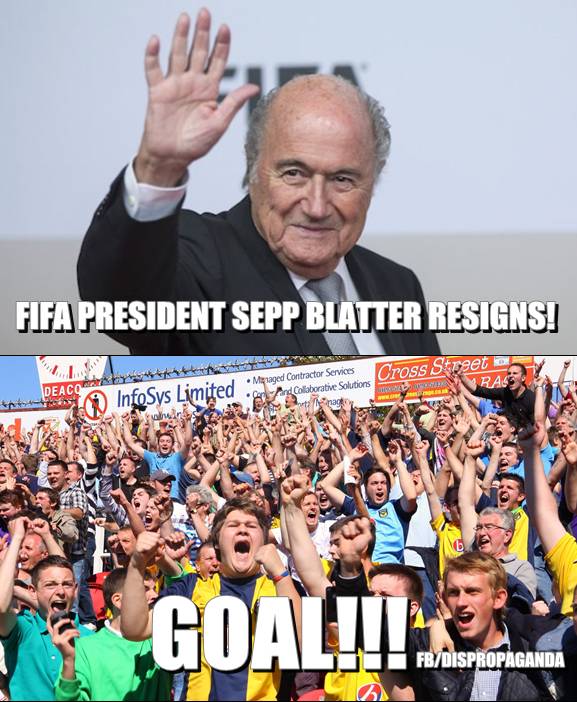 Dispropoganda's tweet photo. BREAKING NEWS - #SeppBlatter resigns from #FIFA! #SeppMustGo http://t.co/AqMR1DHS3Q