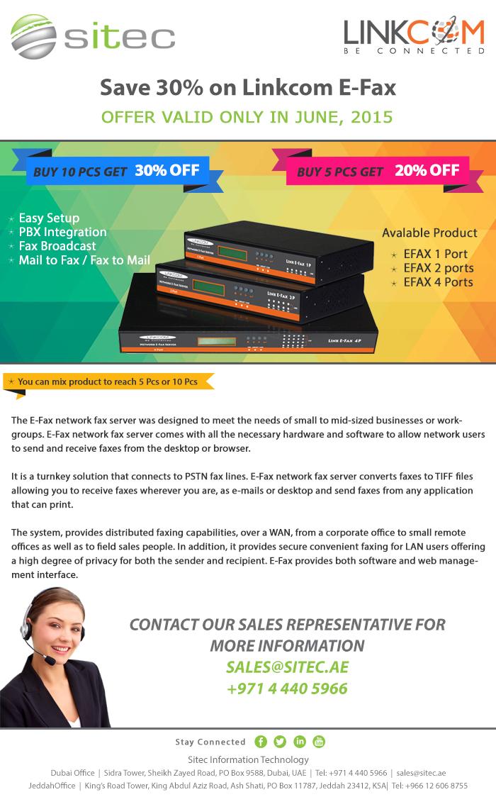SitecTechnology's tweet image. Save 30% on #Linkcom E-Fax SITEC #promotion 
 June, 2015 Offer
For contact:sales@sitec.ae +97144405966

#ConnectSITEC