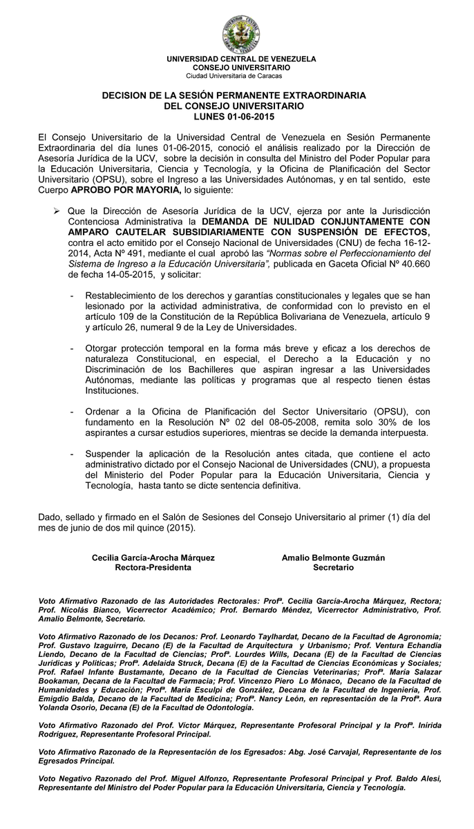 biyoudemo's tweet photo. Decisión del Consejo Universitario en sesión permanente extraordinaria del 01-06-2015 http://t.co/Nqyj8JviUI