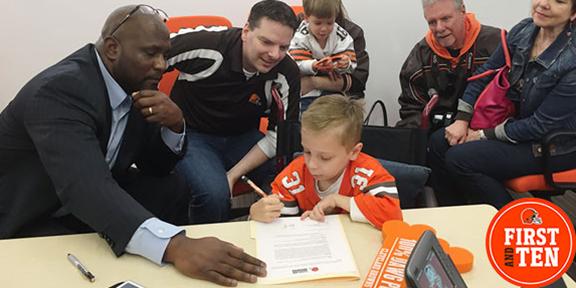 Browns's tweet image. NEWS: Browns sign 9-year-old Dylan Sutcliffe through Make-A-Wish to a one-day contract.

READ: bit.ly/SutcliffeSigned