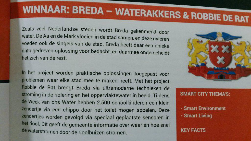 Gemeente #Breda winnaar Projectprijs Smart City, slimme data-toepassing in publieke nuts-infrastructuur. #dSBvNL