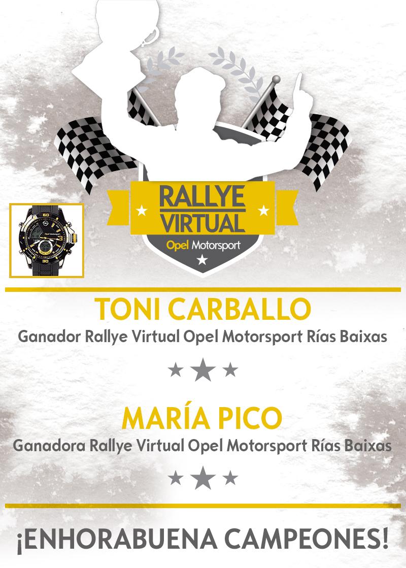 RedOpelMsport's tweet photo. Ya tenemos ganadores! #RallyeVirtual #OpelMotorsportTeamSpain @RallyeVigo , Toni Carballo y María Pico. Felicidades! http://t.co/anUYR4vtcp
