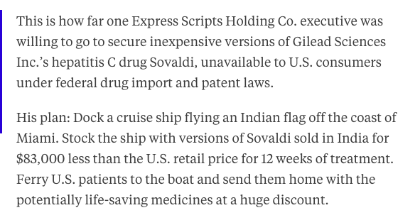 This tidbit about ExpressScripts trying to ferry a cruise ship of Sovaldi from the India to the US :-O