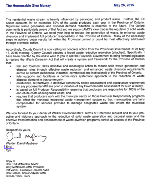 A strongly worded letter from <a href="/OxfordCounty/">Oxford County</a> to the <a href="/Glen4ONT/">Glen O’Malley</a> MOECC opposing the dump. <a href="/OPALalliance/">OPAL Alliance</a> @ZorraTwp