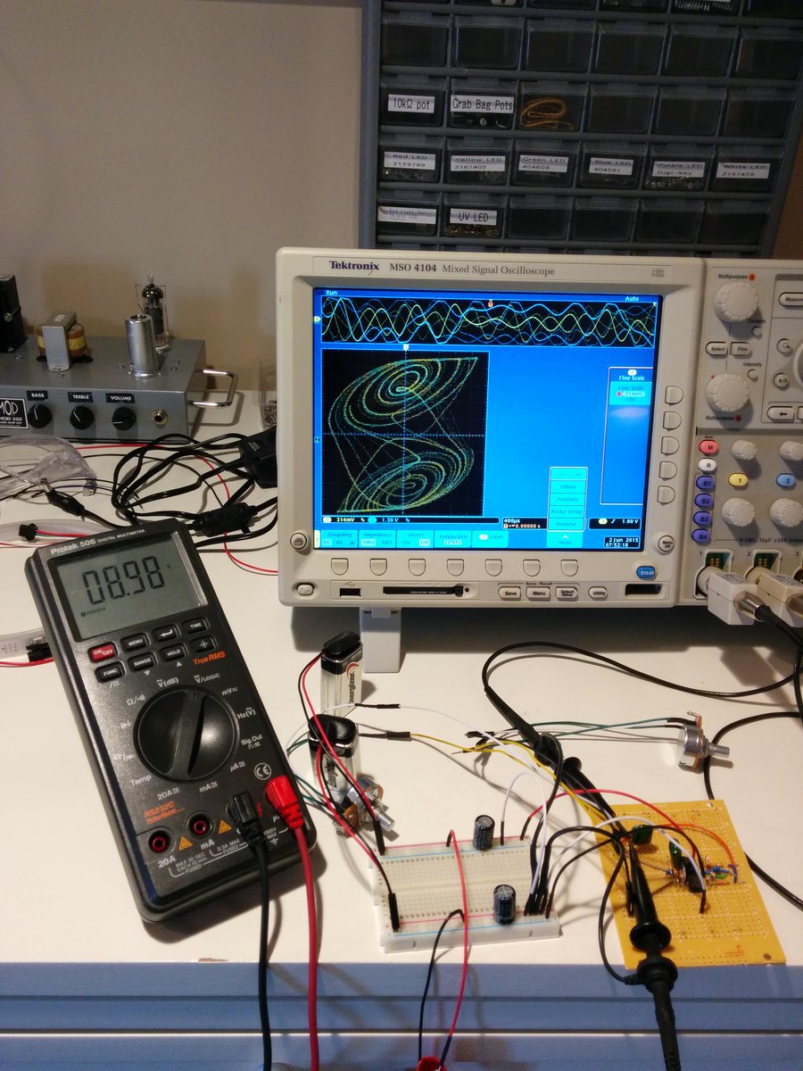 mikestoolbox's tweet image. One TL074 + 3 mylars + 9 resistors + two pots = chaos!  Thanks @marshray #ChuasCircuit