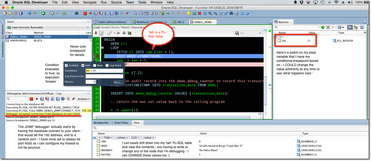 thatjeffsmith's tweet photo. An idea of what our PL/SQL debugger can do from Oracle SQL Developer http://t.co/ylQUjTtbWR