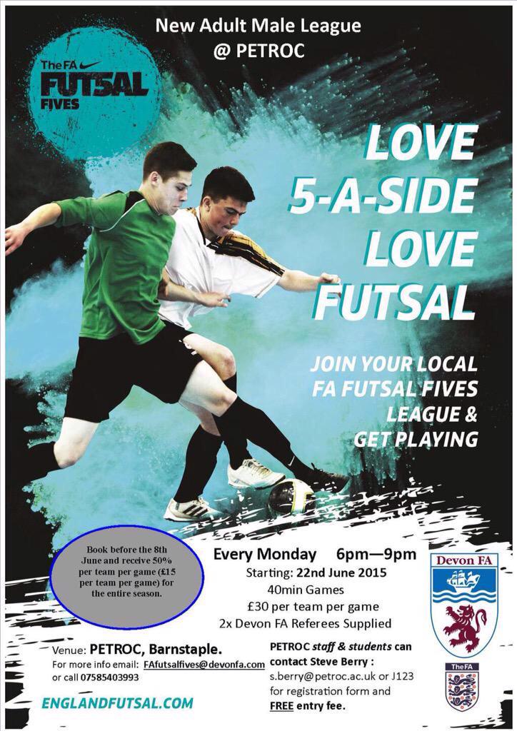 devon_fa's tweet photo. Spaces are filling up for new @MyEnglandFutsal Fives adult men's league @Petroc_CSM #devonfutsal get involved! http://t.co/zIy0DQKYiL
