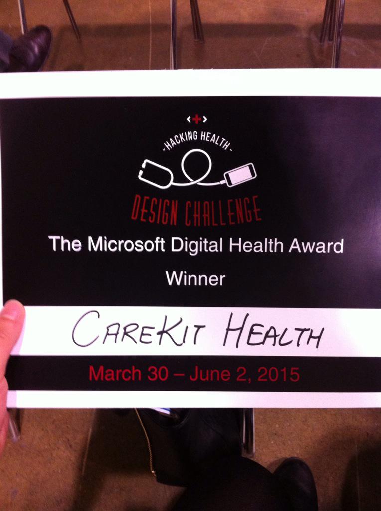 ShiftAlerts's tweet photo. CareKit by @ShiftAlerts wins the @Microsoft Digital Health Award at the @hackinghealthca #HHDesign Challenge! http://t.co/xz0hkAxJvE
