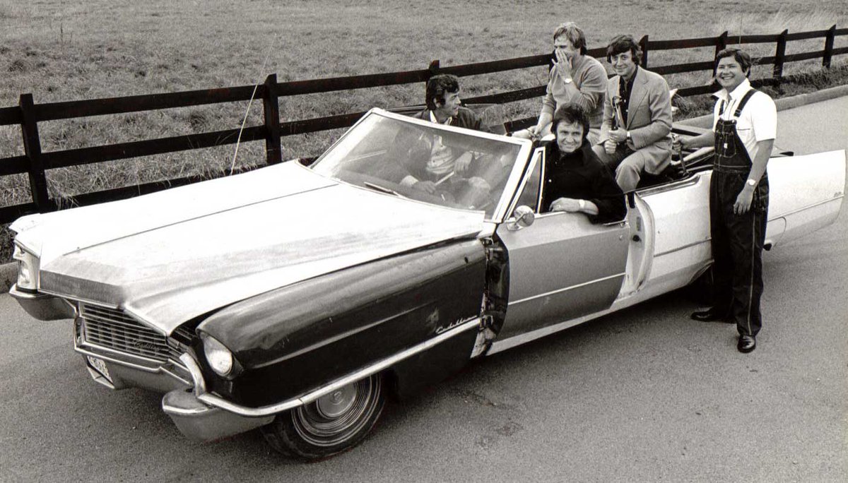 Johnny Cash shooting for "One Piece At A Time", where he steals a Cadillac, part by part, over several years.