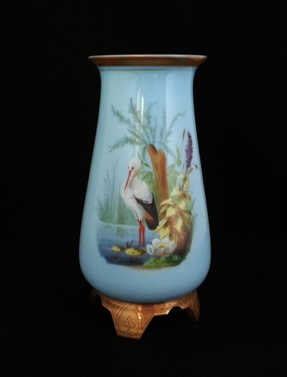 Exquisite Art Nouveau blue opaque vase artfully painted with a lovely water scene. For sale:  allantiqueglass.com/french-art-nou…