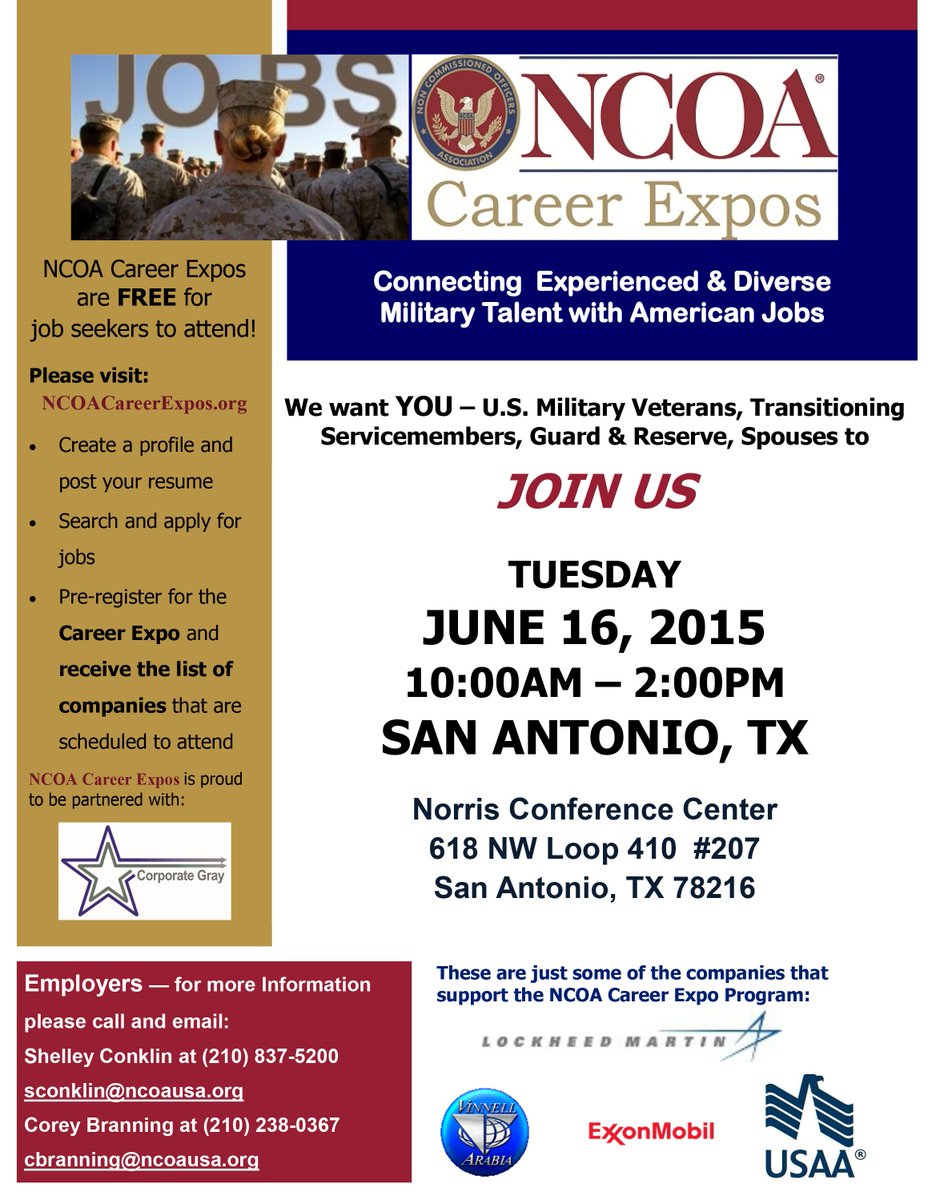 #MilitaryJobFair 16 June San Antonio, TX  Register here: bit.ly/ncoajobseeker #Veterans #HireVeterans