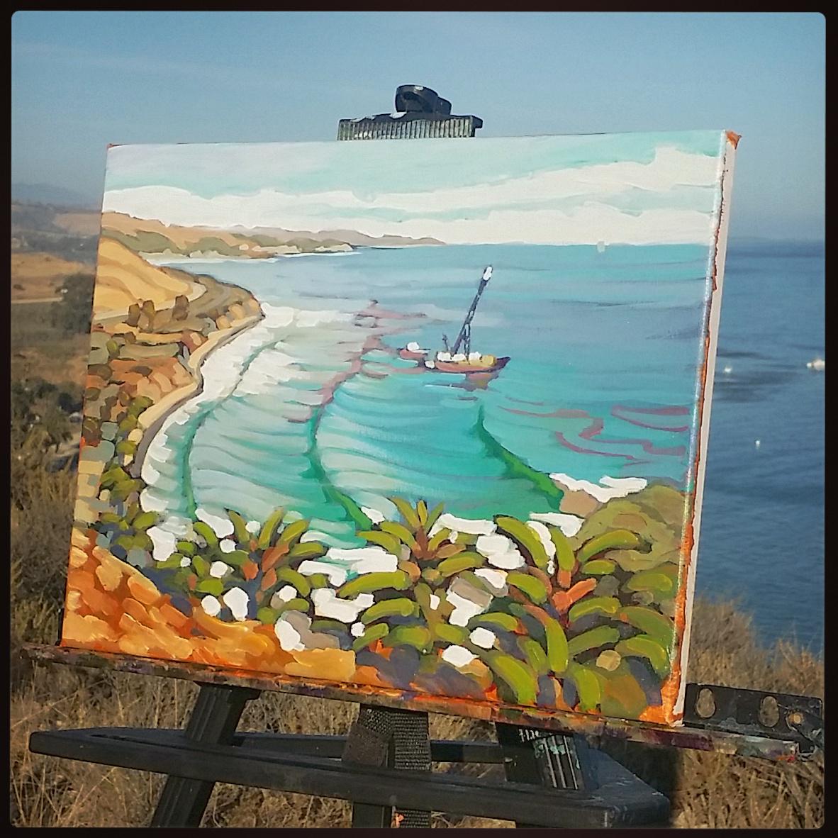 Plein air painting of a cleanup vessel @ Refugio State Beach after the recent 21,000-gallon oil spill. Art:Matt Beard